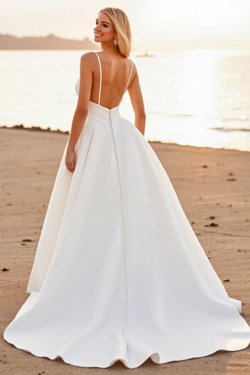 White A Line Spaghetti Straps High Low Wedding Dress